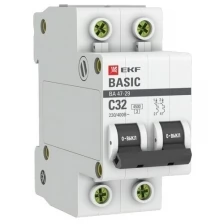 Автоматический выключатель 2P 10А (C) 4,5кА ВА 47-29 EKF Basic mcb4729-2-10C