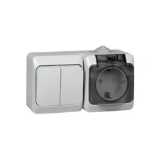 Этюд Блок Выключатель двухклавишный/Розетка наружная с заземлением со шторками IP44 серый (BPA16-242C)