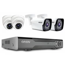 Комплект видеонаблюдения Ginzzu HK-440N, кол-во каналов 4, камер в комплекте: 4 (внутренние/уличные), 2 Мп, 3,6 мм, ИК подсветка, (17273)