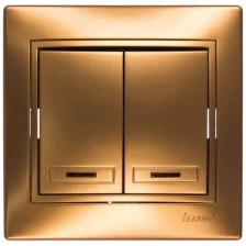 Выключатель Lezard, MIRA, двойной, с подсветкой, золотой металлик, со вставкой, 701-1313-112