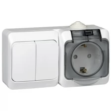 Этюд Блок Выключатель двухклавишный/Розетка наружная с заземлением со шторками IP44 белый (BPA16-242B)