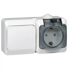 Этюд Блок Выключатель одноклавишный/Розетка наружная с заземлением со шторками IP44 белый (BPA16-241B)