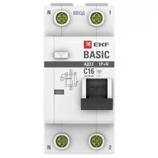 Выключатель автоматический дифференциального тока 1п+N C 16А 30мА тип AC 4.5кА АД-12 Basic EKF DA12-16-30-bas (Цена за: 1 шт.)